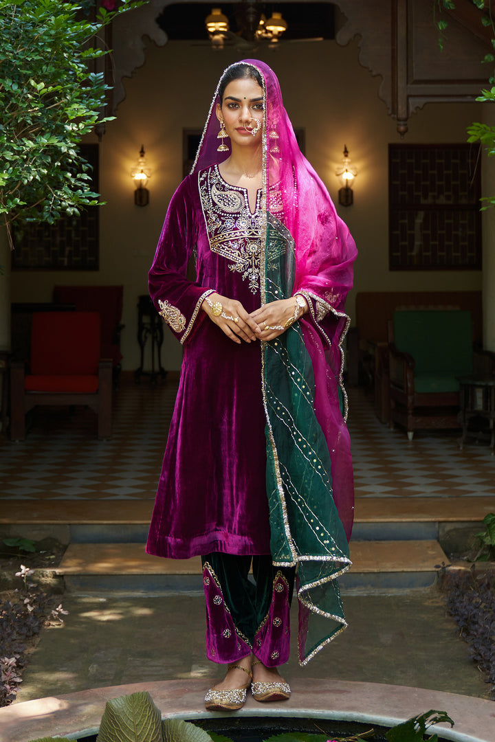 Zooni velvet Deep orchid embroidered kurta with patchwork salwar and dual colour dupatta ( set of 3)