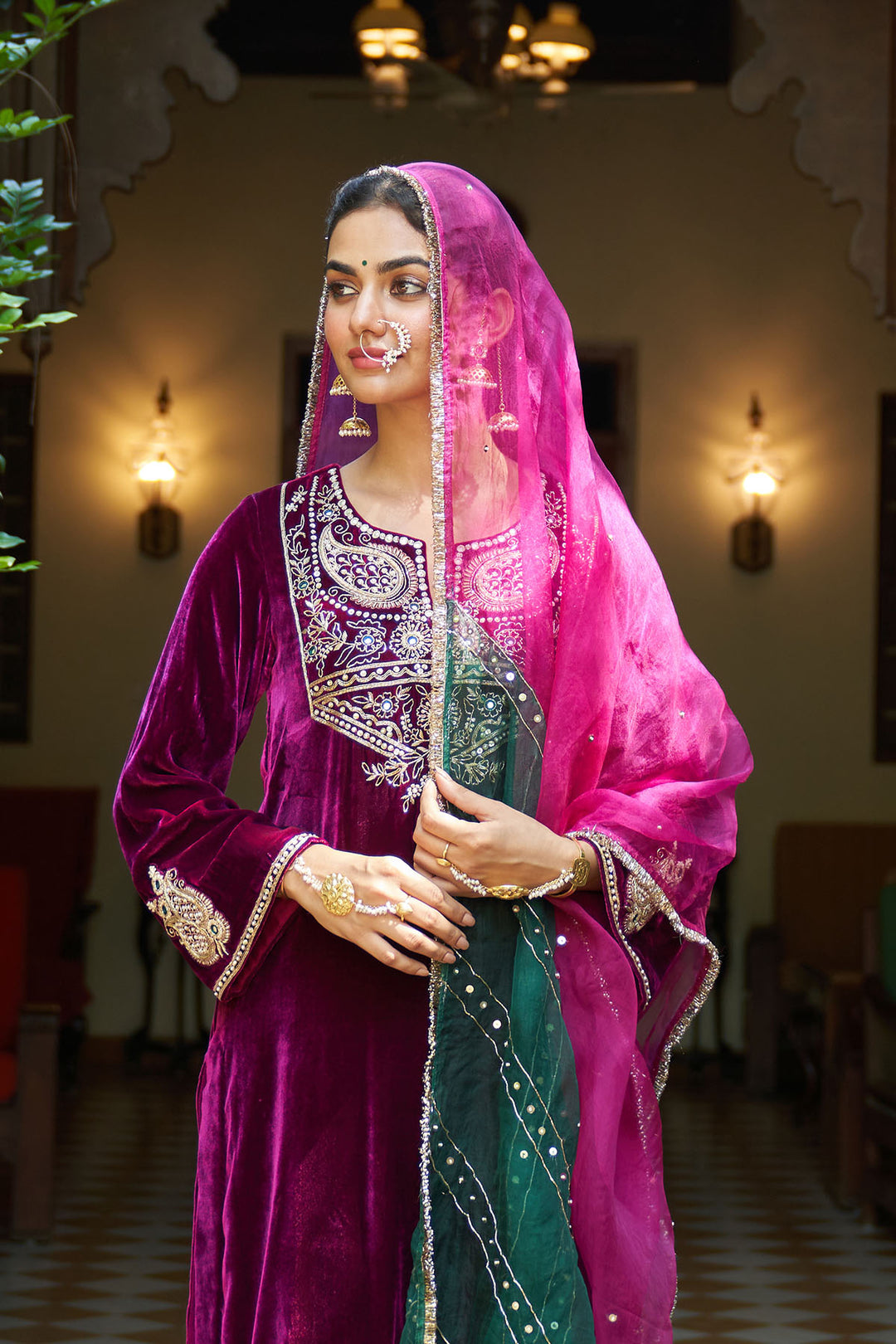 Zooni velvet Deep orchid embroidered kurta with patchwork salwar and dual colour dupatta ( set of 3)