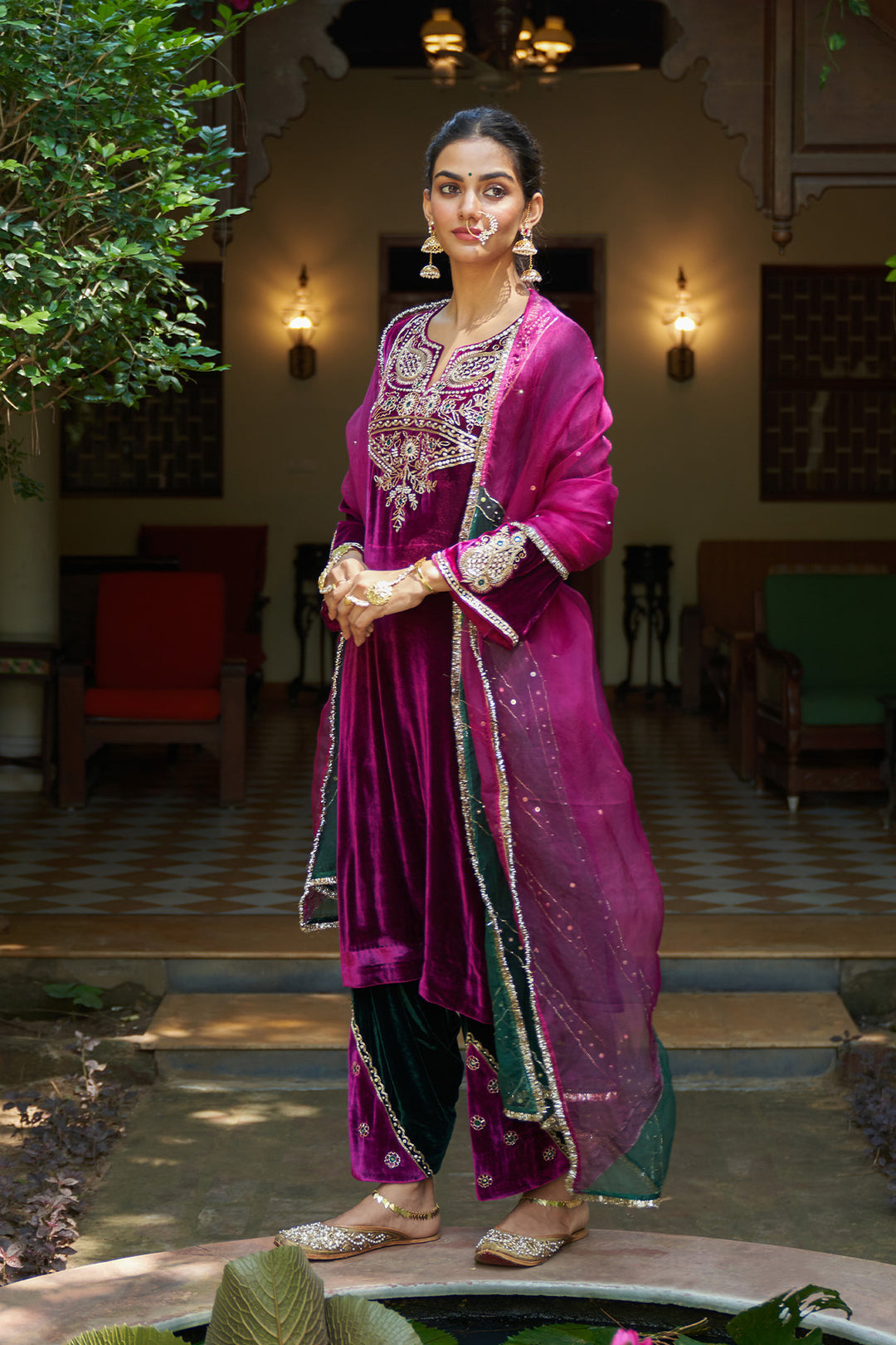 Zooni velvet Deep orchid embroidered kurta with patchwork salwar and dual colour dupatta ( set of 3)