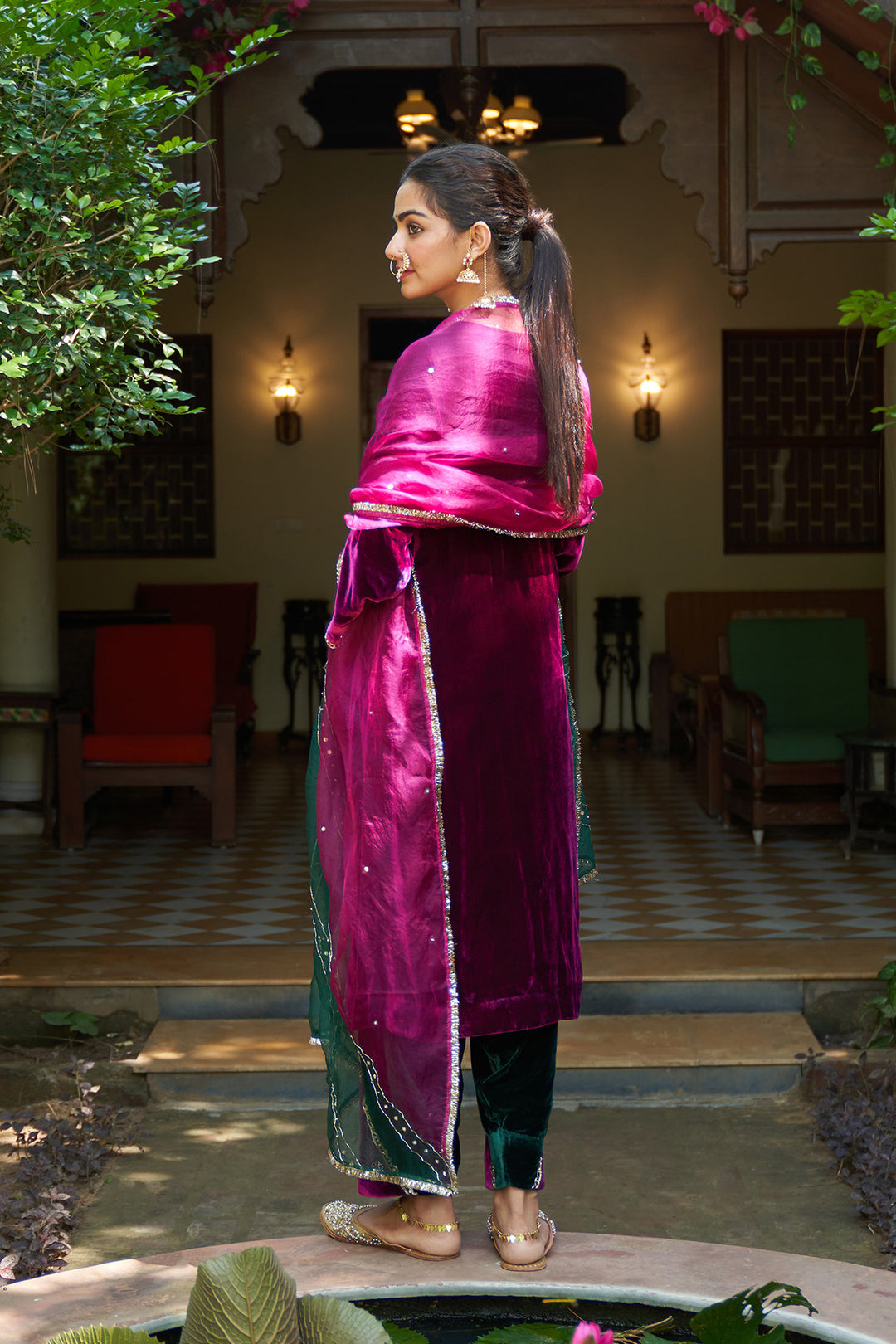 Zooni velvet Deep orchid embroidered kurta with patchwork salwar and dual colour dupatta ( set of 3)