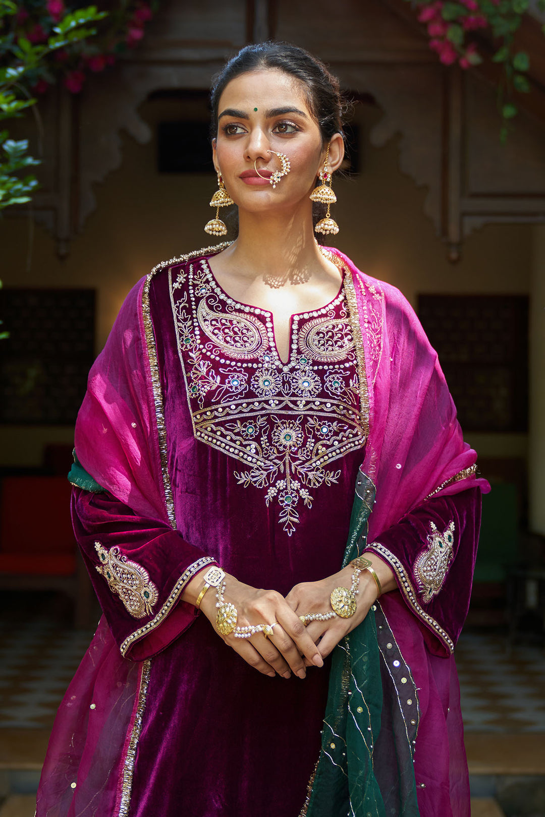 Zooni velvet Deep orchid embroidered kurta with patchwork salwar and dual colour dupatta ( set of 3)