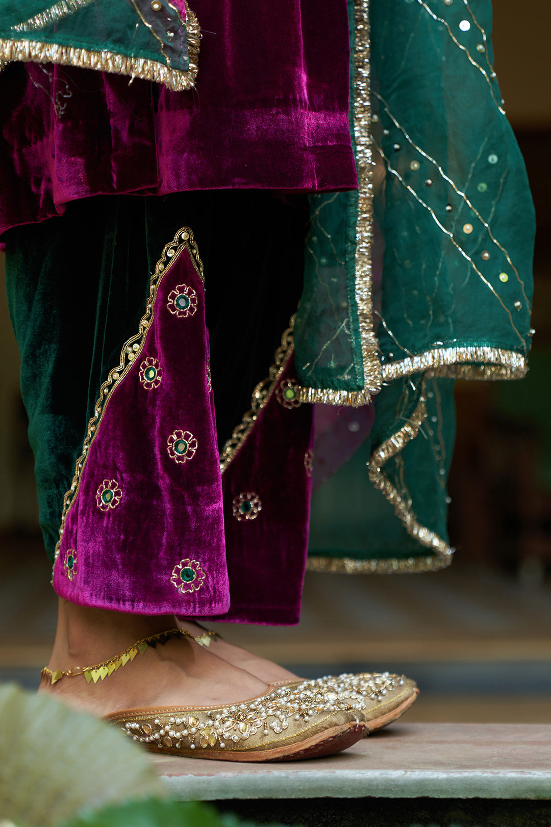 Zooni velvet Deep orchid embroidered kurta with patchwork salwar and dual colour dupatta ( set of 3)