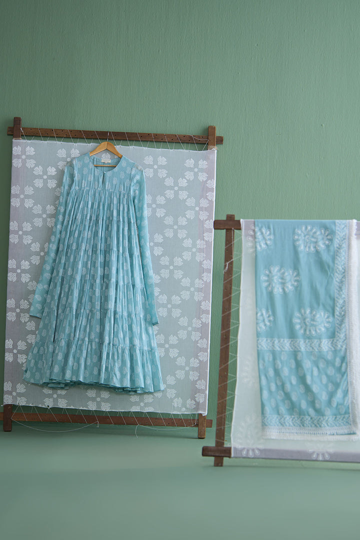 Chhaya Vol 2 Turquoise Tiered anarkali with chooridar and dupatta (set of 3)