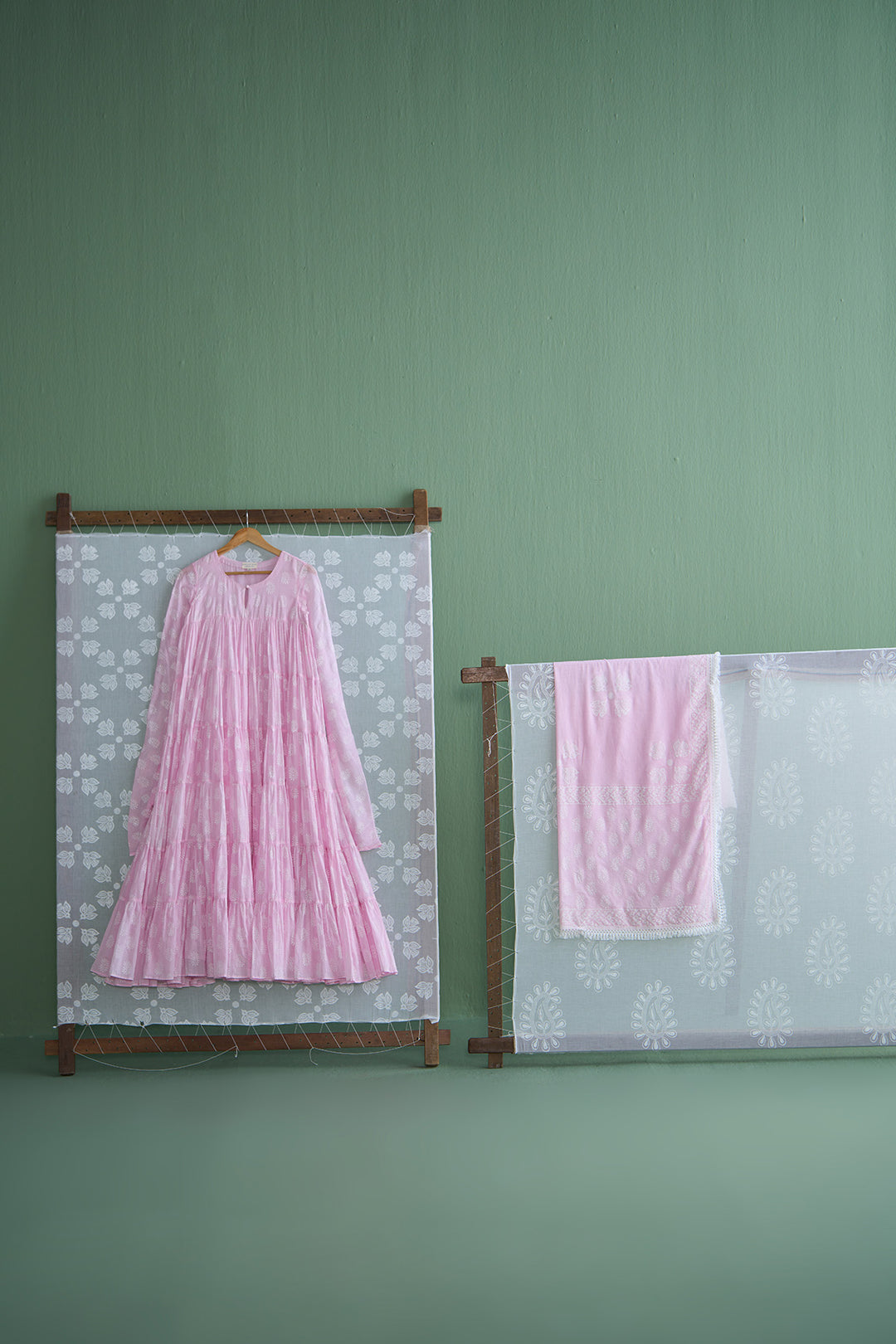 Chhaya Vol 2 Pink Tiered anarkali with chooridar and dupatta (set of 3)