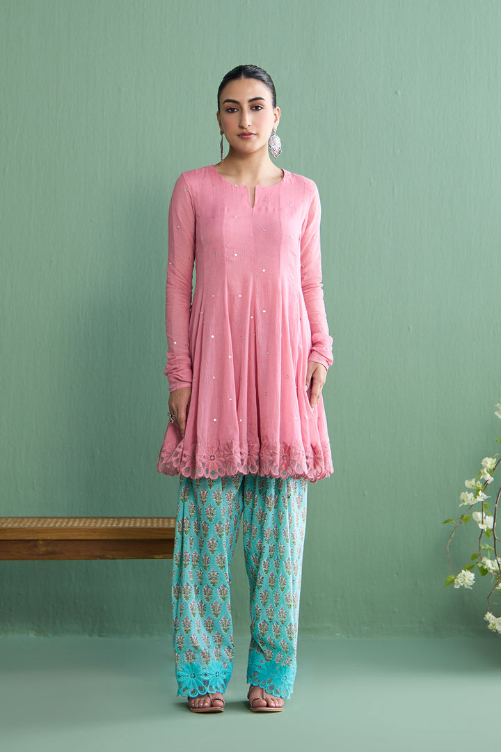 Mughal Summer Soft Pink Short Kurta With Hand Block Printed Salwar Set Of 2