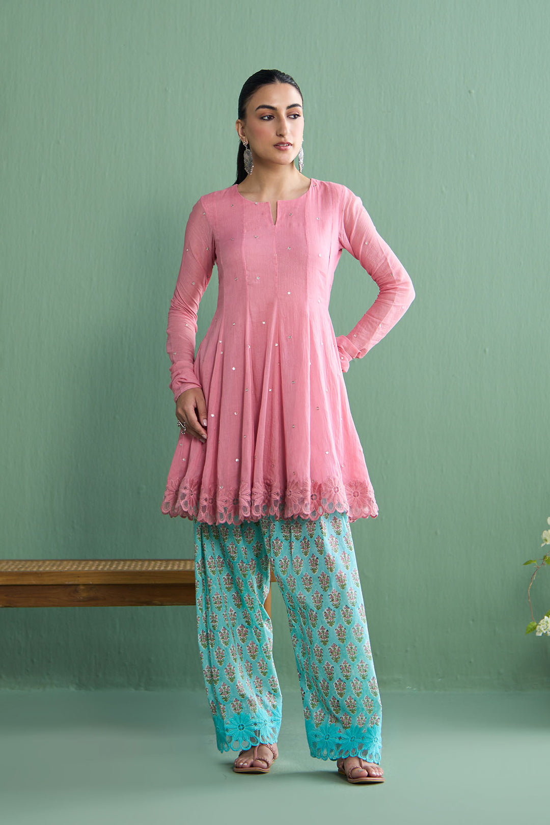 Mughal Summer Soft Pink Short Kurta With Hand Block Printed Salwar Set Of 2