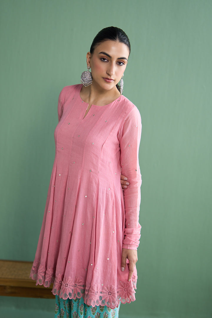 Mughal Summer Soft Pink Short Kurta With Hand Block Printed Salwar Set Of 2
