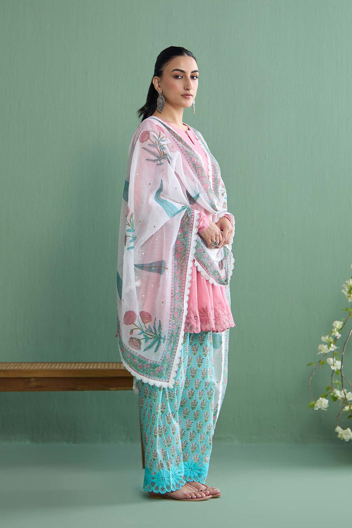 Mughal Summer Soft Pink Short Kurta With Hand Block Printed Salwar And Dupatta Set Of 3