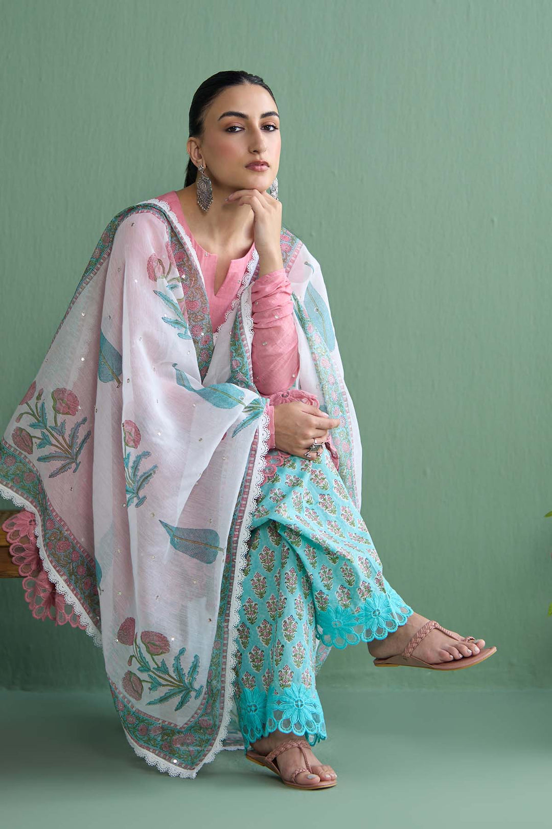 Mughal Summer Soft Pink Short Kurta With Hand Block Printed Salwar And Dupatta Set Of 3