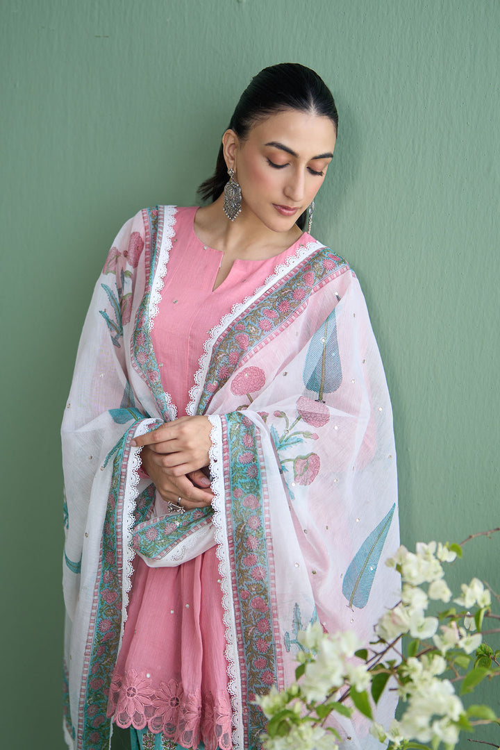 Mughal Summer Soft Pink Short Kurta With Hand Block Printed Salwar And Dupatta Set Of 3