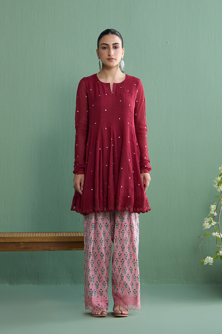 Mughal Summer Berry Red Short Kurta With Hand Block Printed Salwar Set Of 2