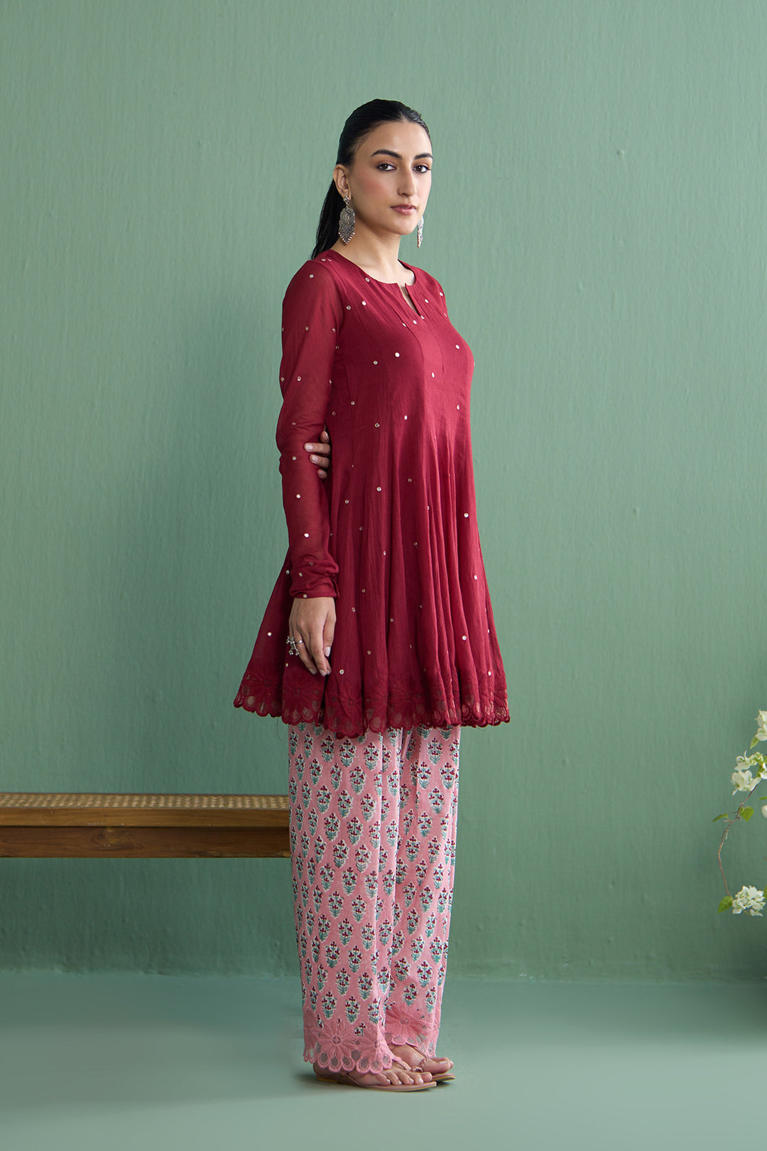 Mughal Summer Berry Red Short Kurta With Hand Block Printed Salwar Set Of 2