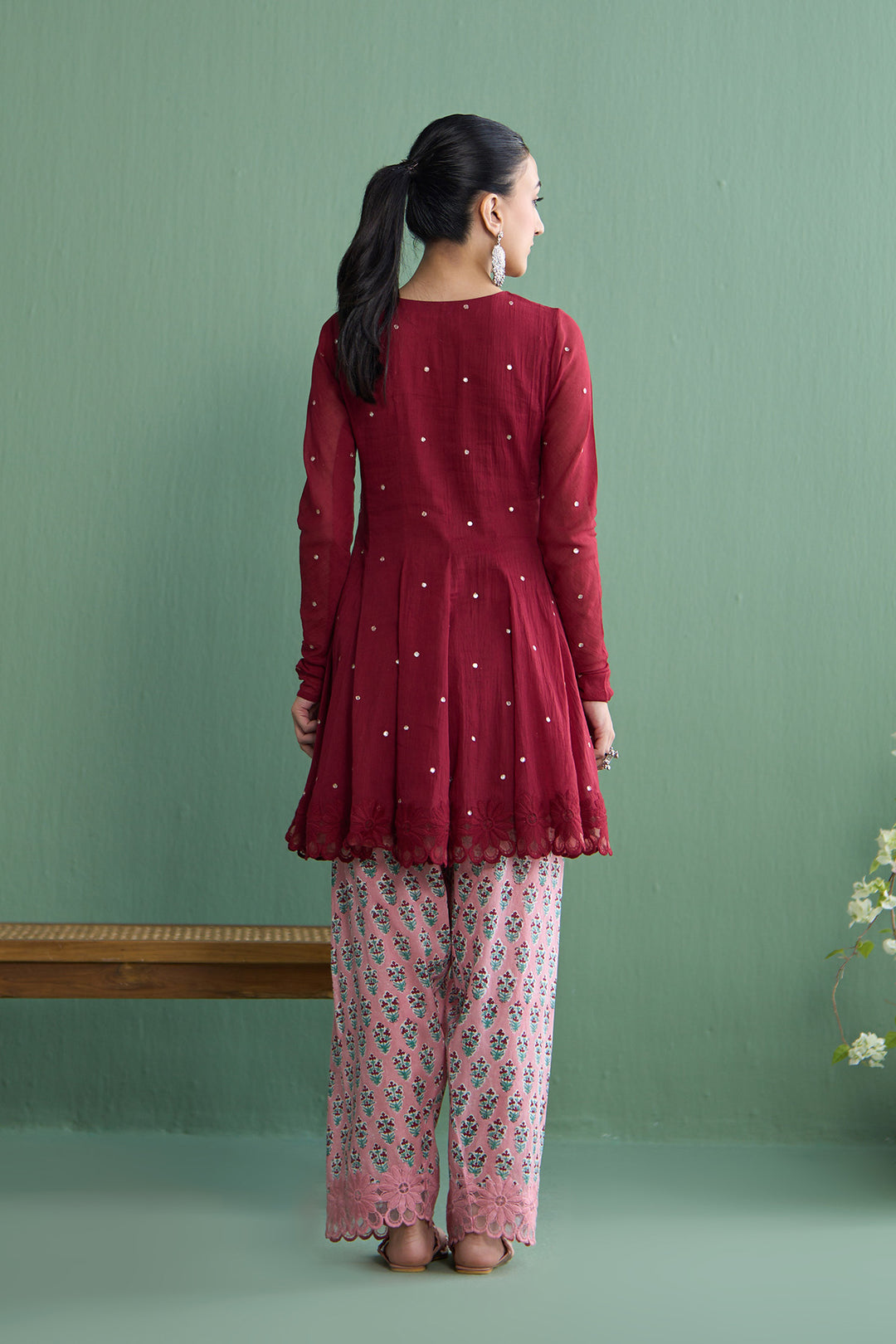 Mughal Summer Berry Red Short Kurta With Hand Block Printed Salwar Set Of 2