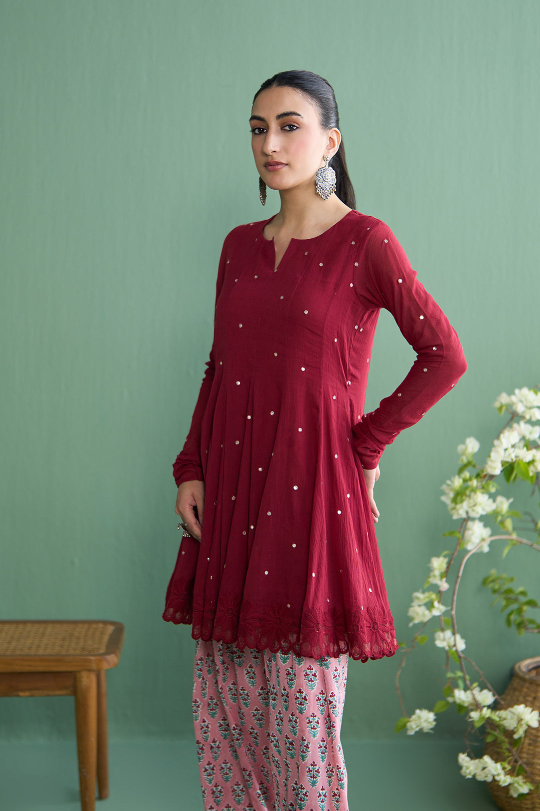 Mughal Summer Berry Red Short Kurta With Hand Block Printed Salwar Set Of 2
