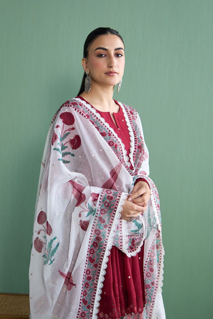 Mughal Summer Berry Red Mughal Boota Dupatta Only