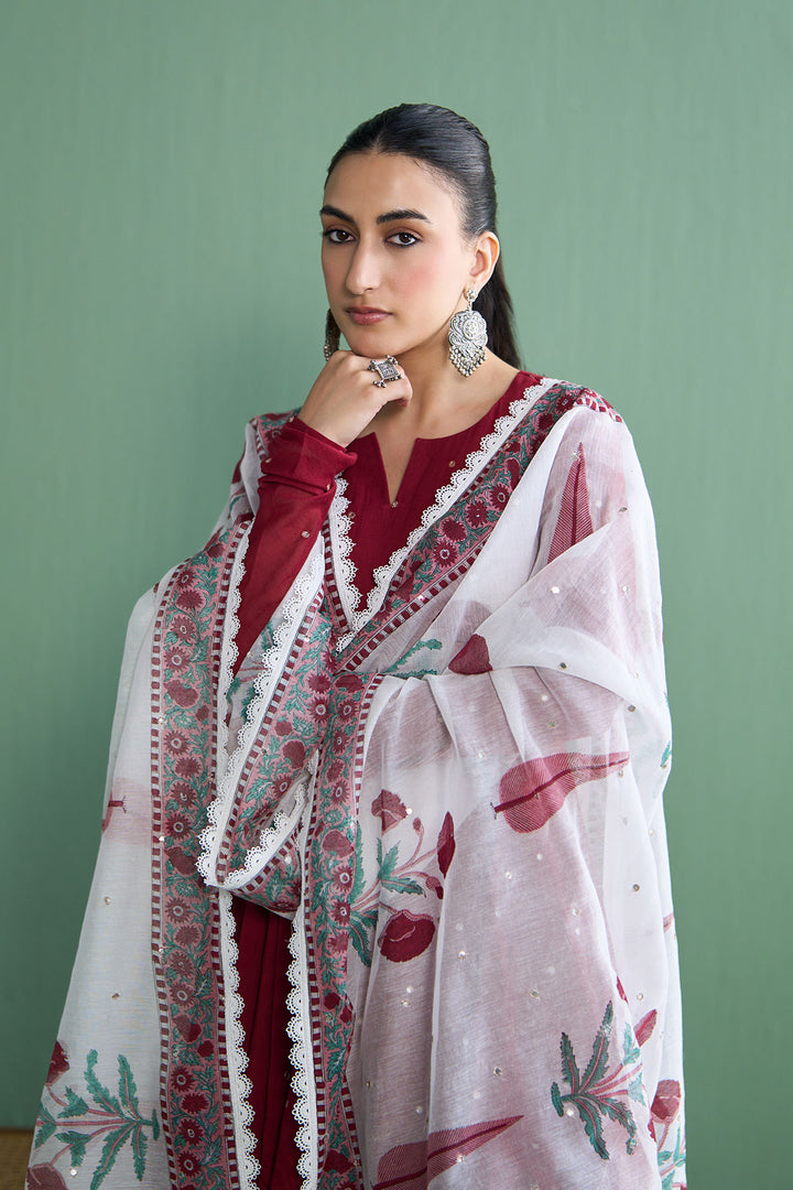 Mughal Summer Berry Red Mughal Boota Dupatta Only