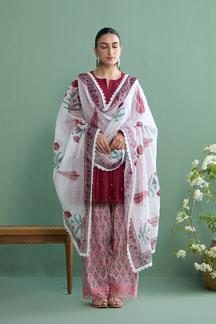 Mughal Summer Berry Red Mughal Boota Dupatta Only