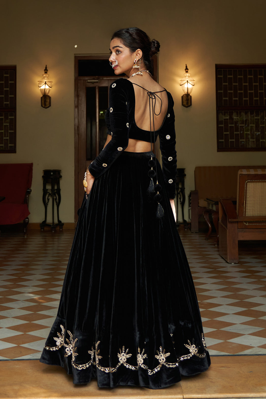 YOHSAGRA Velvet slit longskirt black