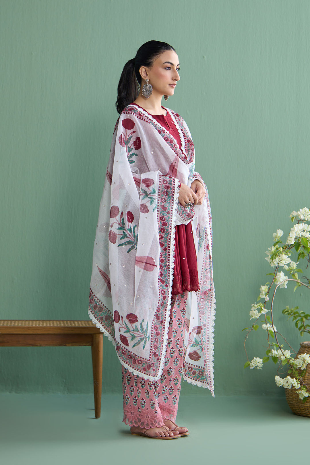 Mughal Summer Berry Red Mughal Boota Dupatta Only