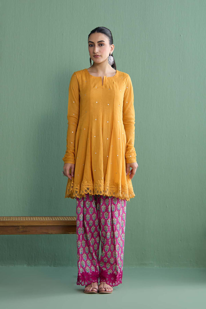 Mughal Summer Mustard  Short Kurta With Hand Block Printed Salwar Set Of 2