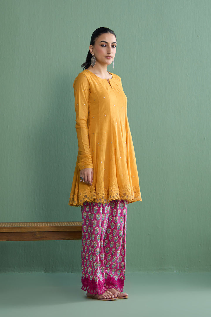 Mughal Summer Mustard  Short Kurta With Hand Block Printed Salwar Set Of 2