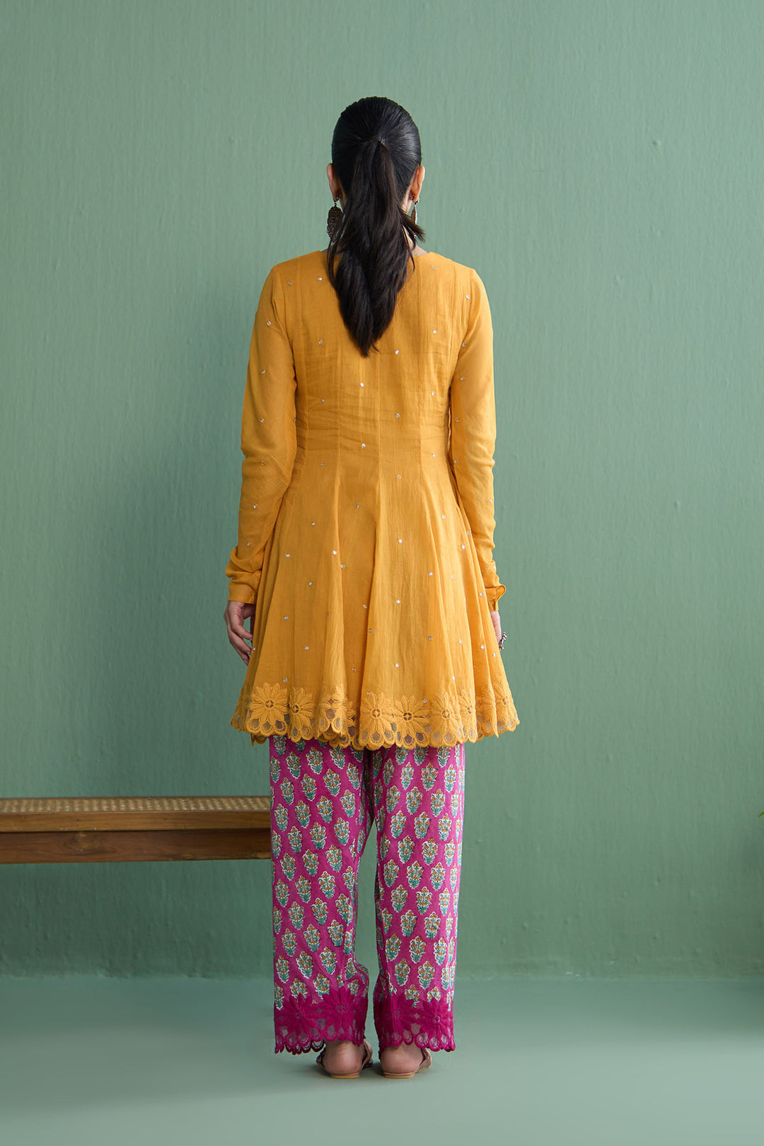 Mughal Summer Mustard  Short Kurta With Hand Block Printed Salwar Set Of 2