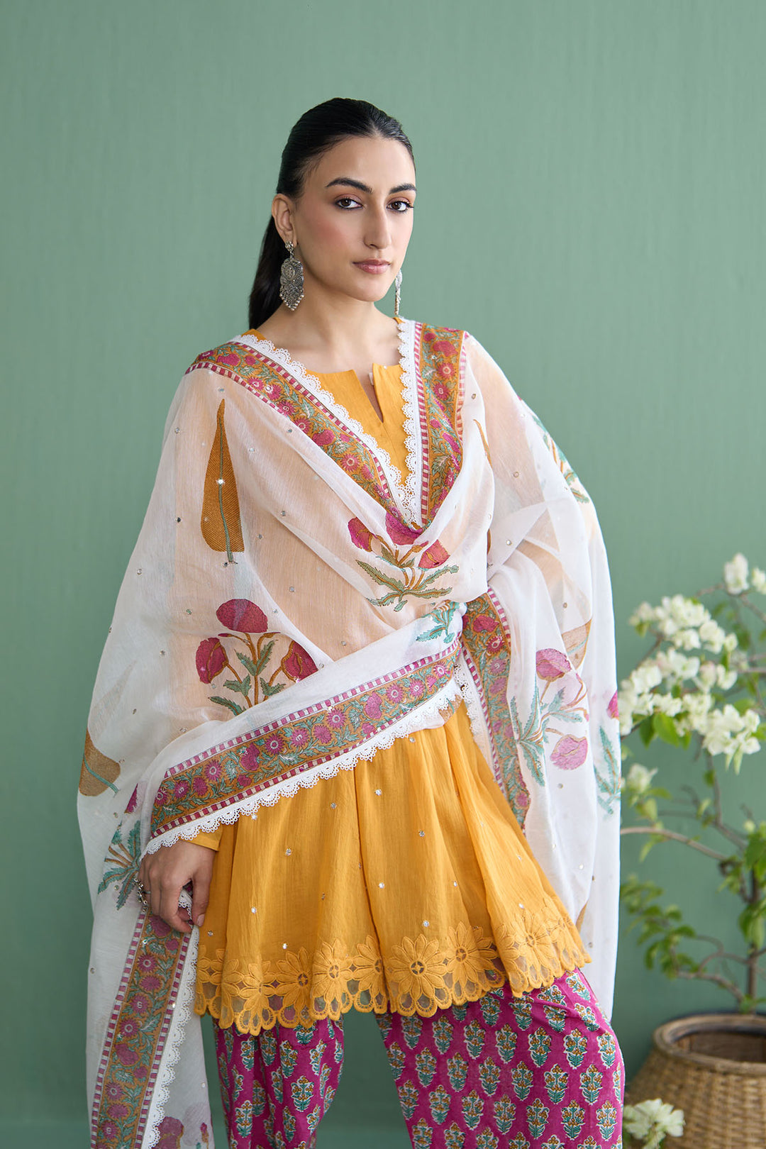 Mughal Summer Mustard  Short Kurta With Hand Block Printed Salwar And Dupatta Set Of 3