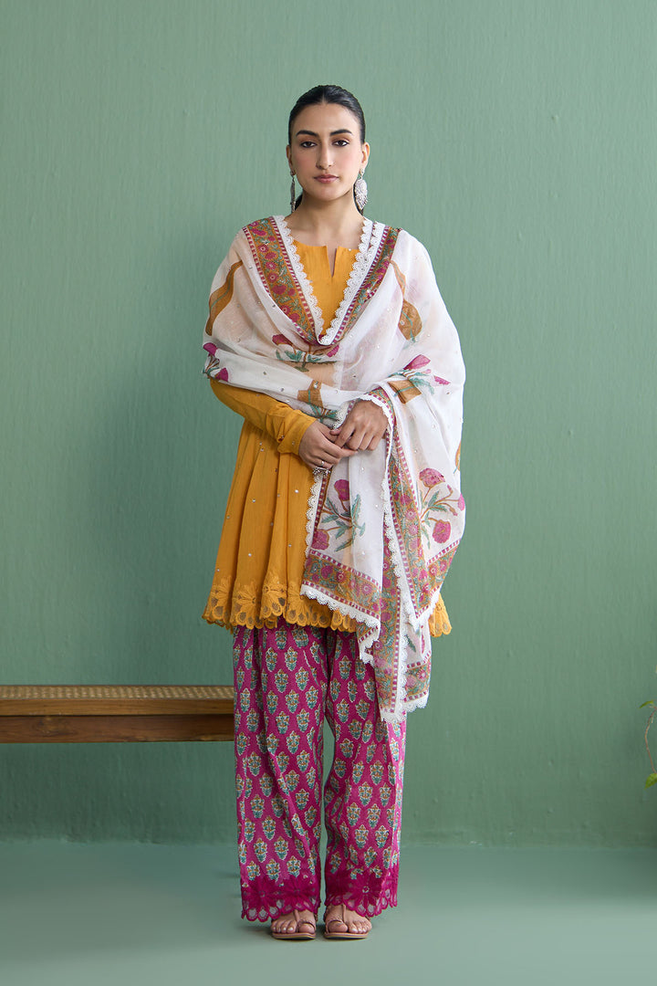 Mughal Summer Mustard  Short Kurta With Hand Block Printed Salwar And Dupatta Set Of 3