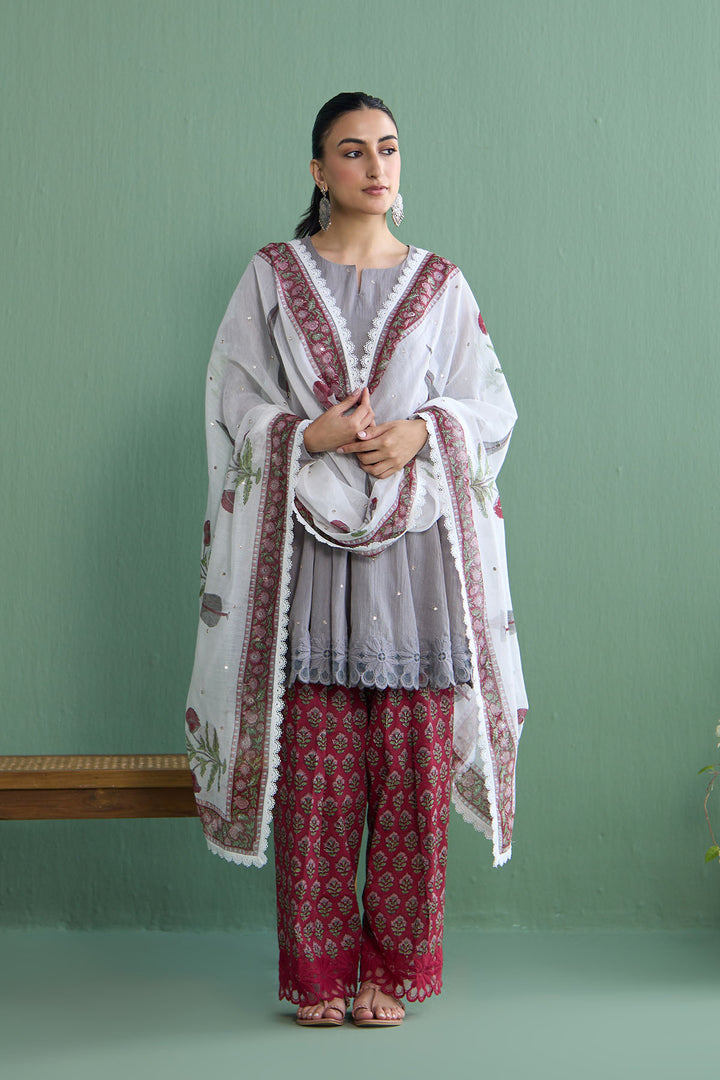Mughal Summer Ash Grey Short Kurta With Hand Block Printed Salwar And Dupatta Set Of 3