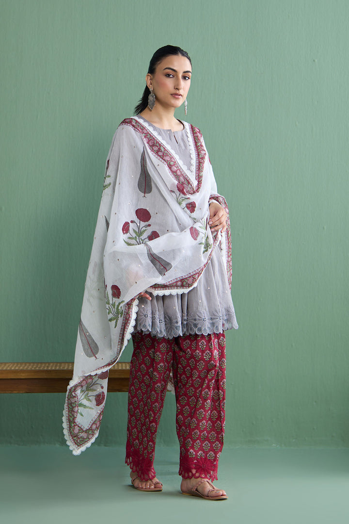 Mughal Summer Ash Grey Short Kurta With Hand Block Printed Salwar And Dupatta Set Of 3