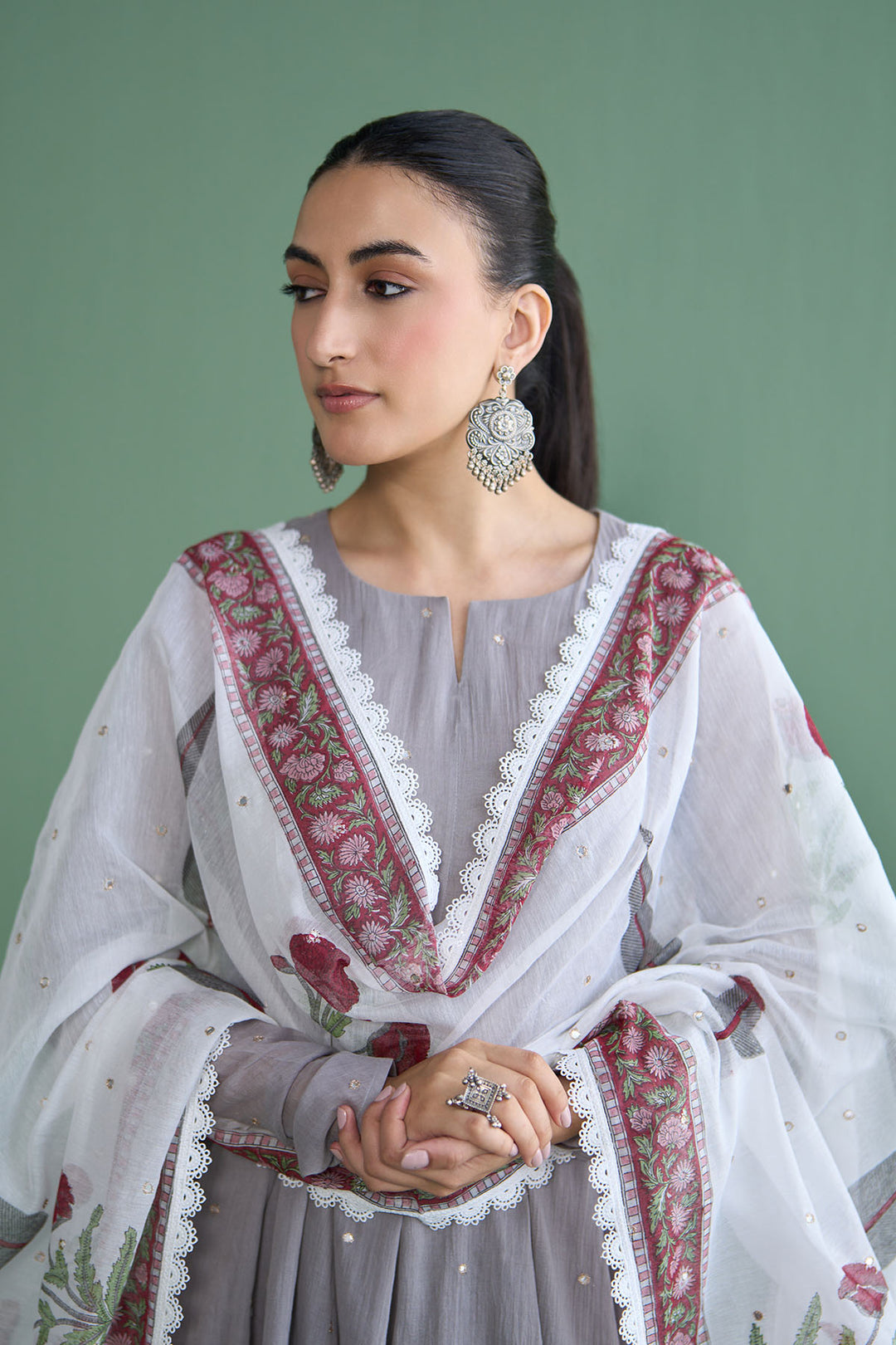 Mughal Summer Ash Grey Short Kurta With Hand Block Printed Salwar And Dupatta Set Of 3