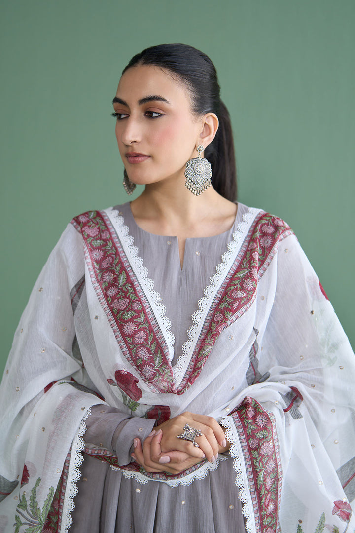 Mughal Summer Ash Grey Short Kurta With Hand Block Printed Salwar And Dupatta Set Of 3