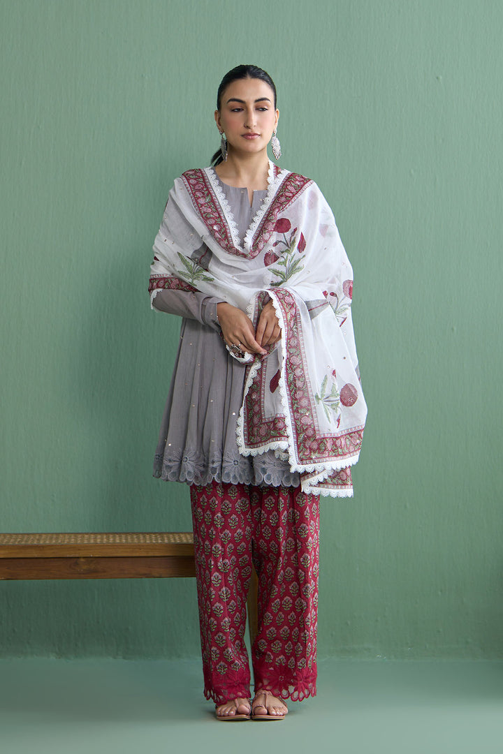 Mughal Summer Ash Grey Short Kurta With Hand Block Printed Salwar And Dupatta Set Of 3