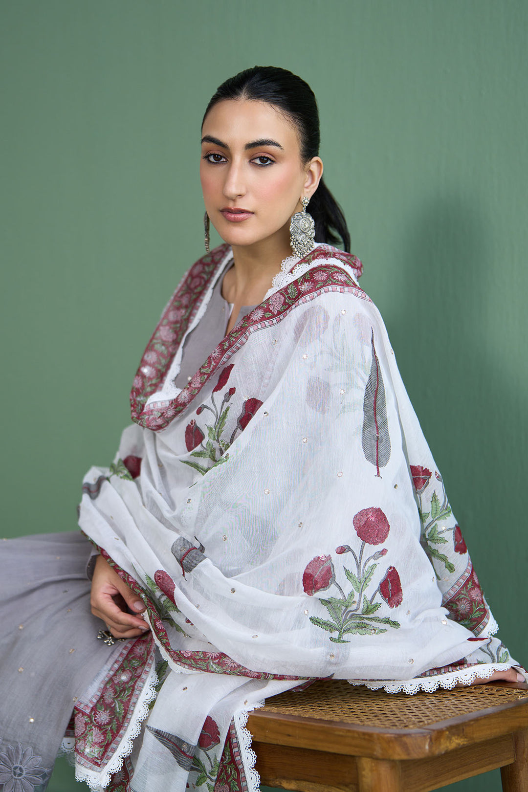 Mughal Summer Ash Grey Short Kurta With Hand Block Printed Salwar And Dupatta Set Of 3