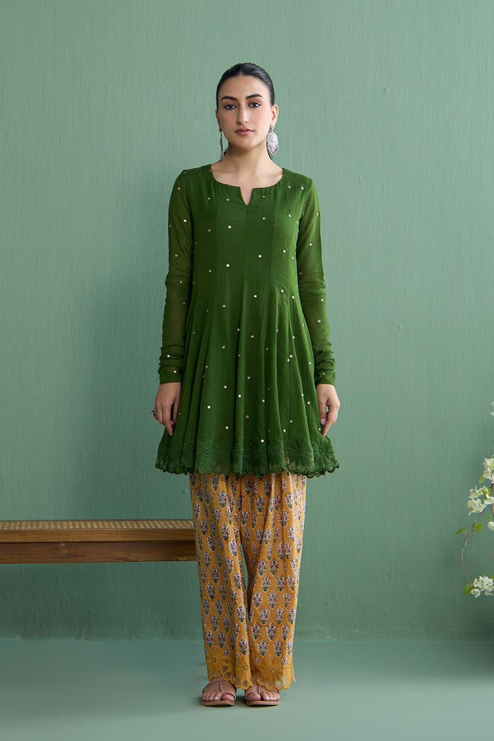 Mughal Summer Olive Green  Short Kurta With Hand Block Printed Salwar Set Of 2