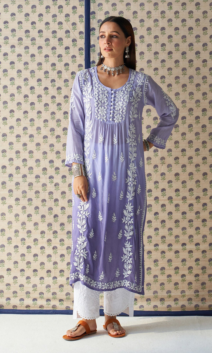 Handcrafted Chikankari Grey Ombre Straight Kurta