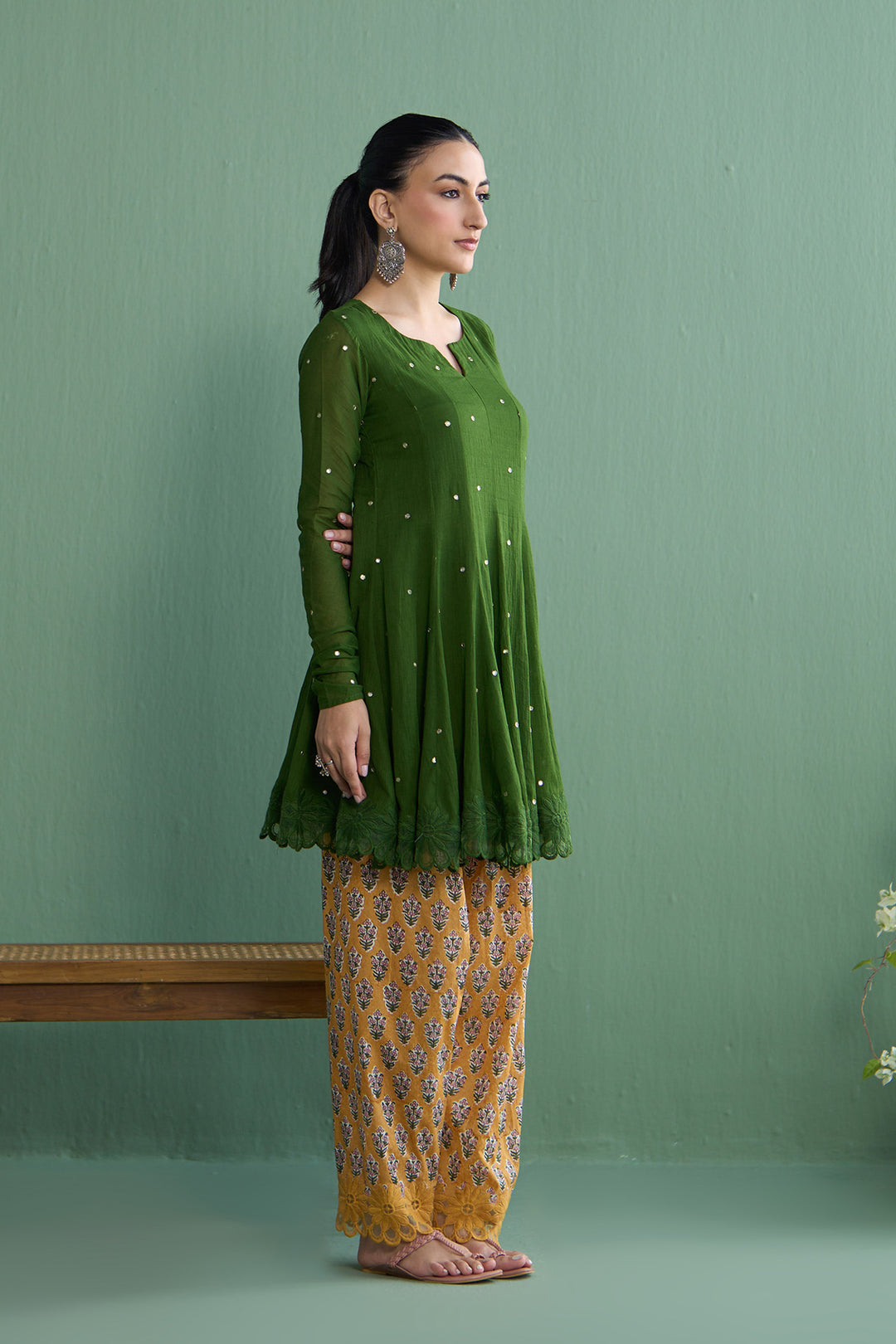 Mughal Summer Olive Green  Short Kurta With Hand Block Printed Salwar Set Of 2