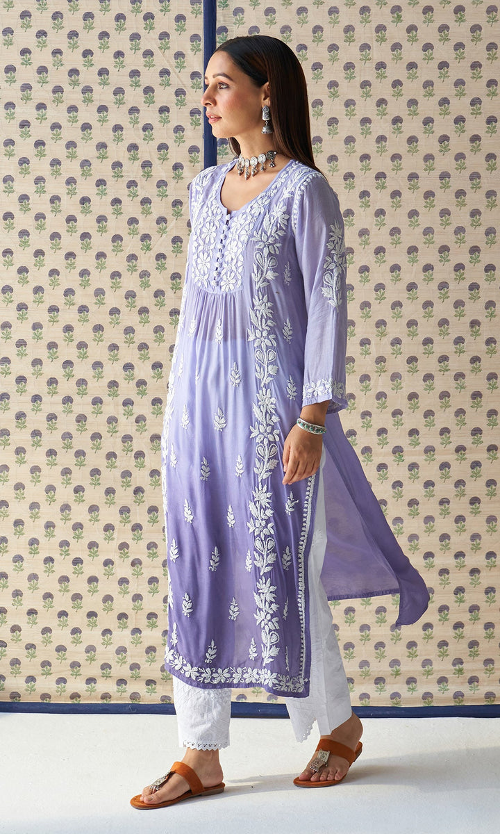 Handcrafted Chikankari Grey Ombre Straight Kurta