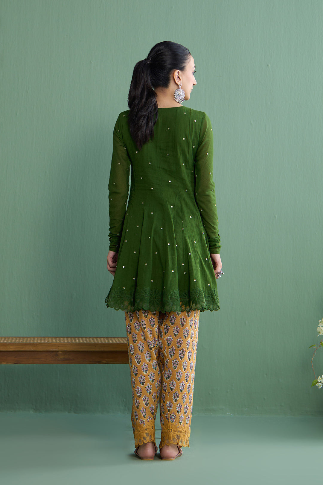 Mughal Summer Olive Green  Short Kurta With Hand Block Printed Salwar Set Of 2