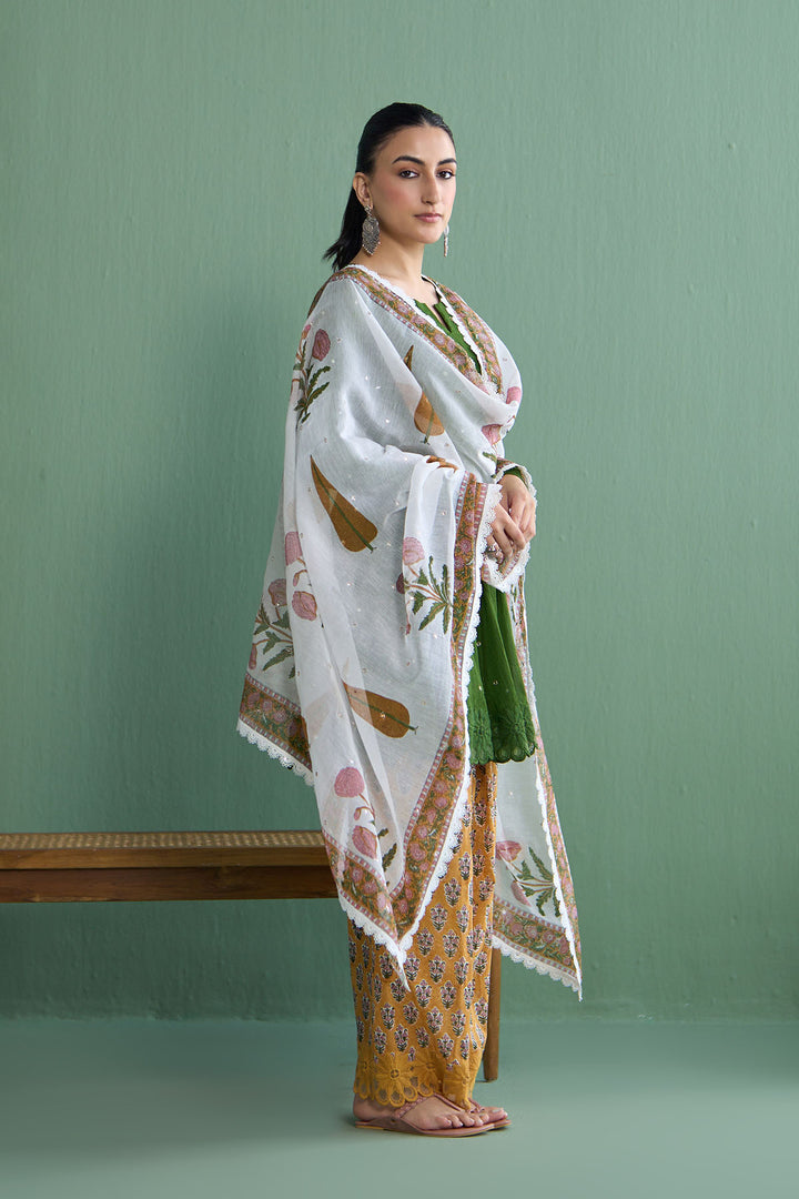 Mughal Summer Olive Green  Short Kurta With Hand Block Printed Salwar And Dupatta Set Of 3