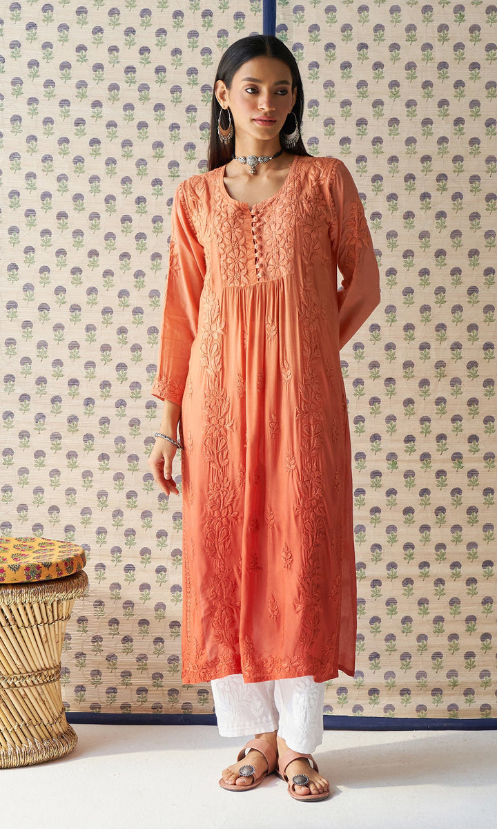 Handcrafted Chikankari Dark Orange Ombre Straight Kurta