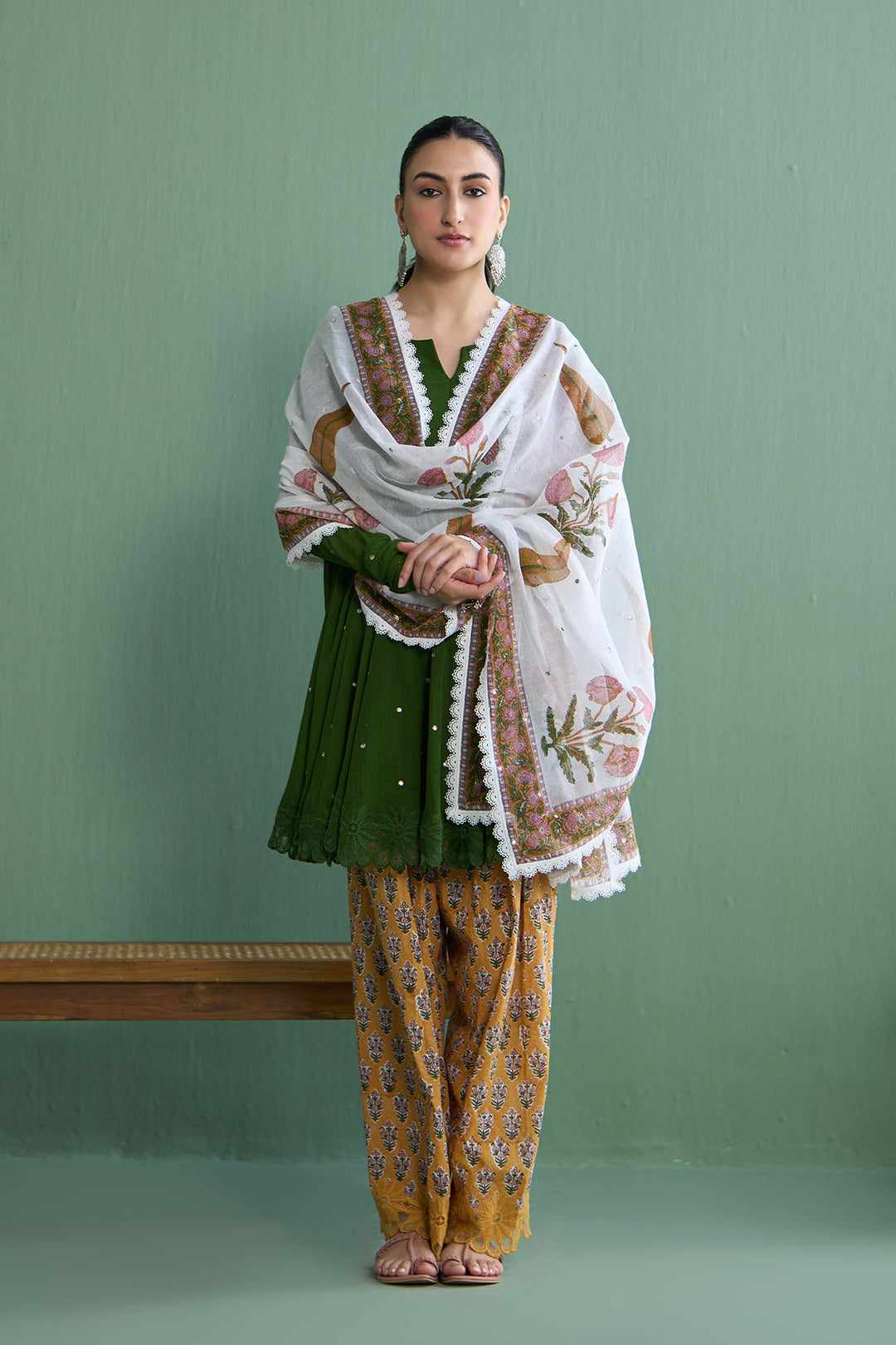 Mughal Summer Olive Green  Short Kurta With Hand Block Printed Salwar And Dupatta Set Of 3