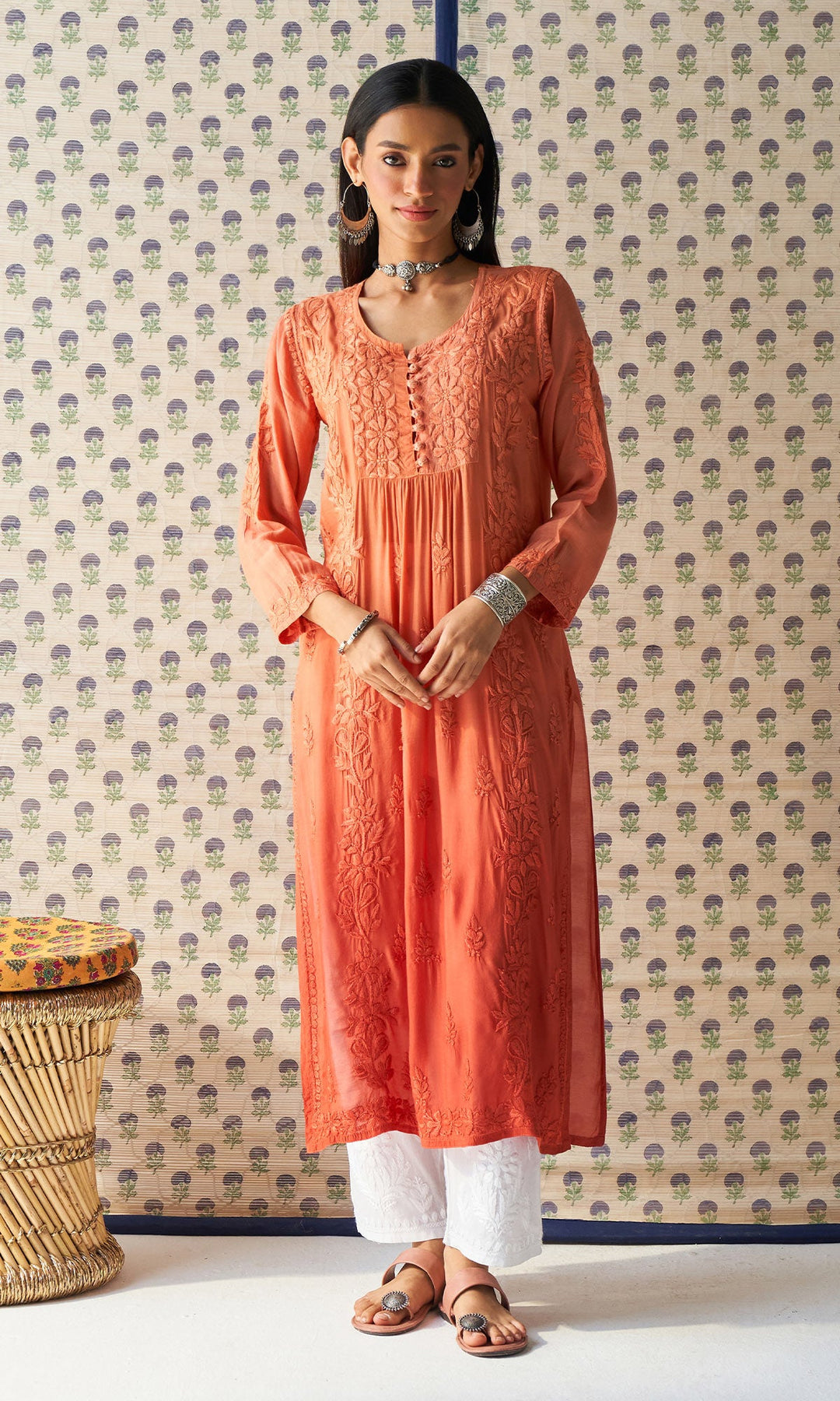 Handcrafted Chikankari Dark Orange Ombre Straight Kurta