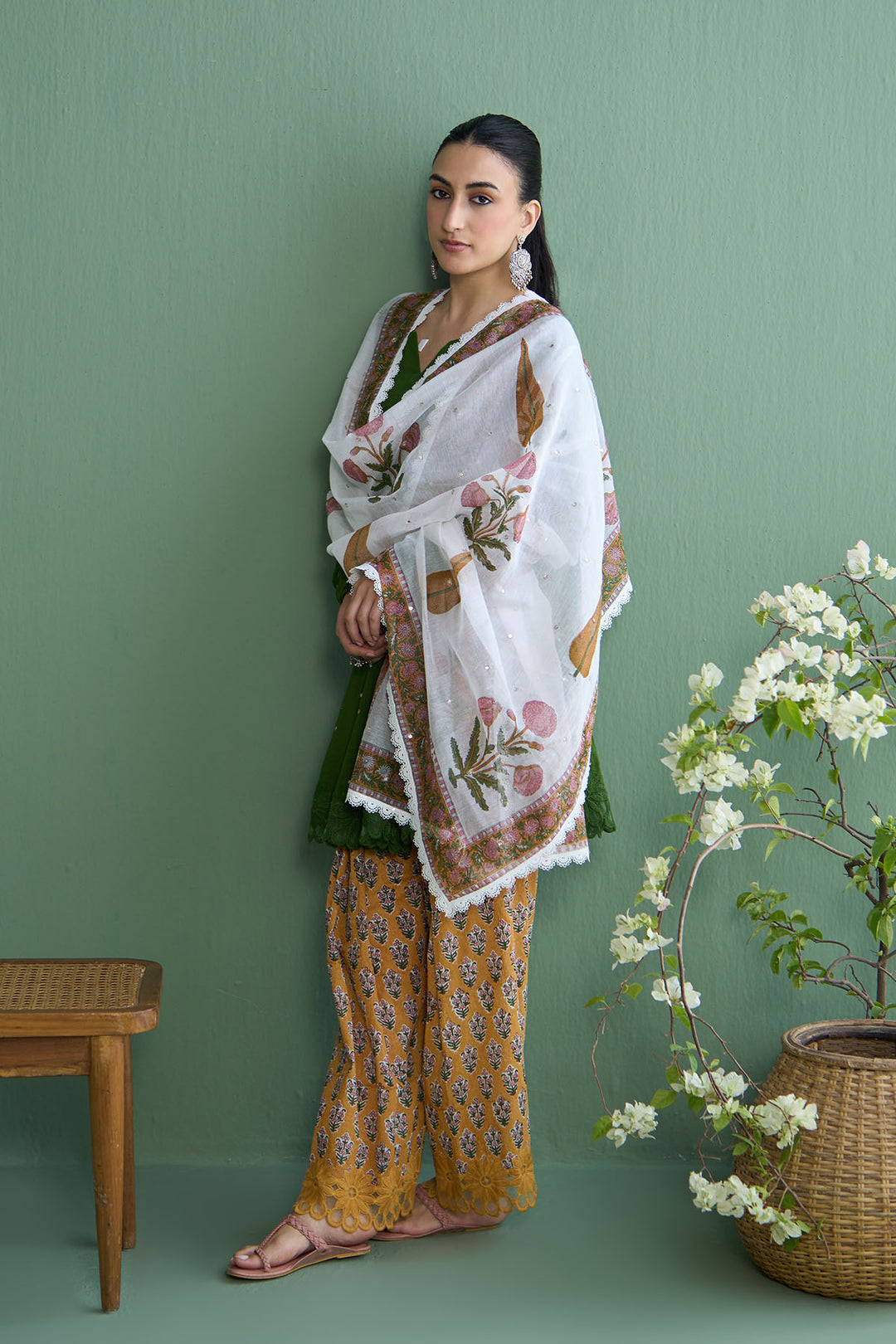 Mughal Summer Olive Green  Short Kurta With Hand Block Printed Salwar And Dupatta Set Of 3