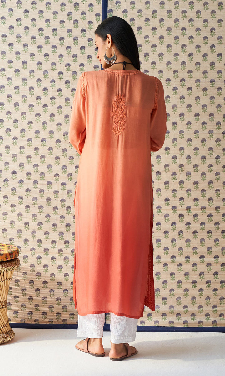 Handcrafted Chikankari Dark Orange Ombre Straight Kurta