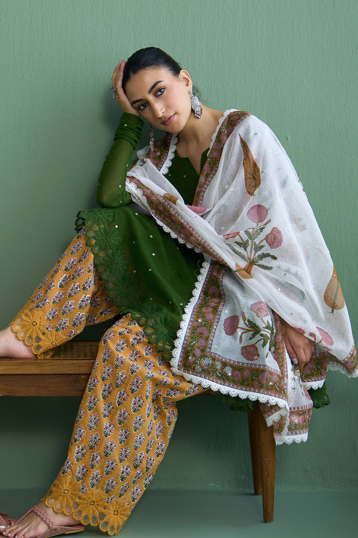 Mughal Summer Olive Green  Short Kurta With Hand Block Printed Salwar And Dupatta Set Of 3