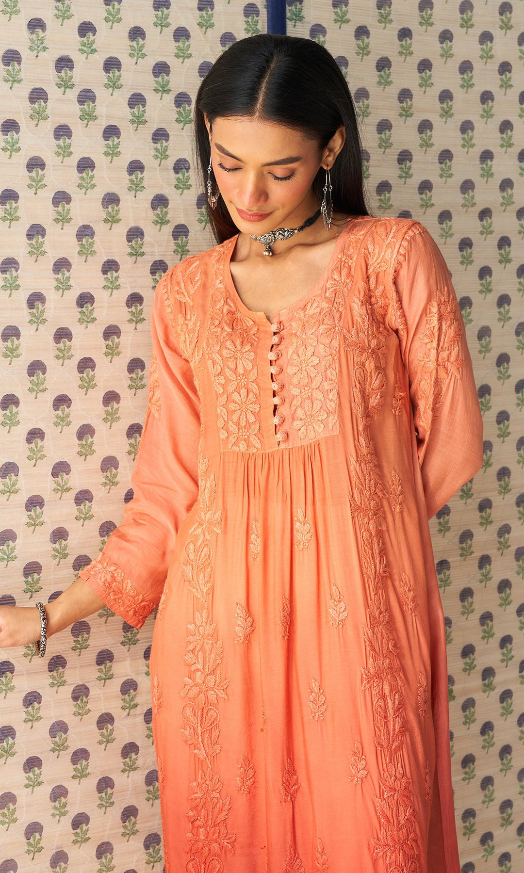Handcrafted Chikankari Dark Orange Ombre Straight Kurta
