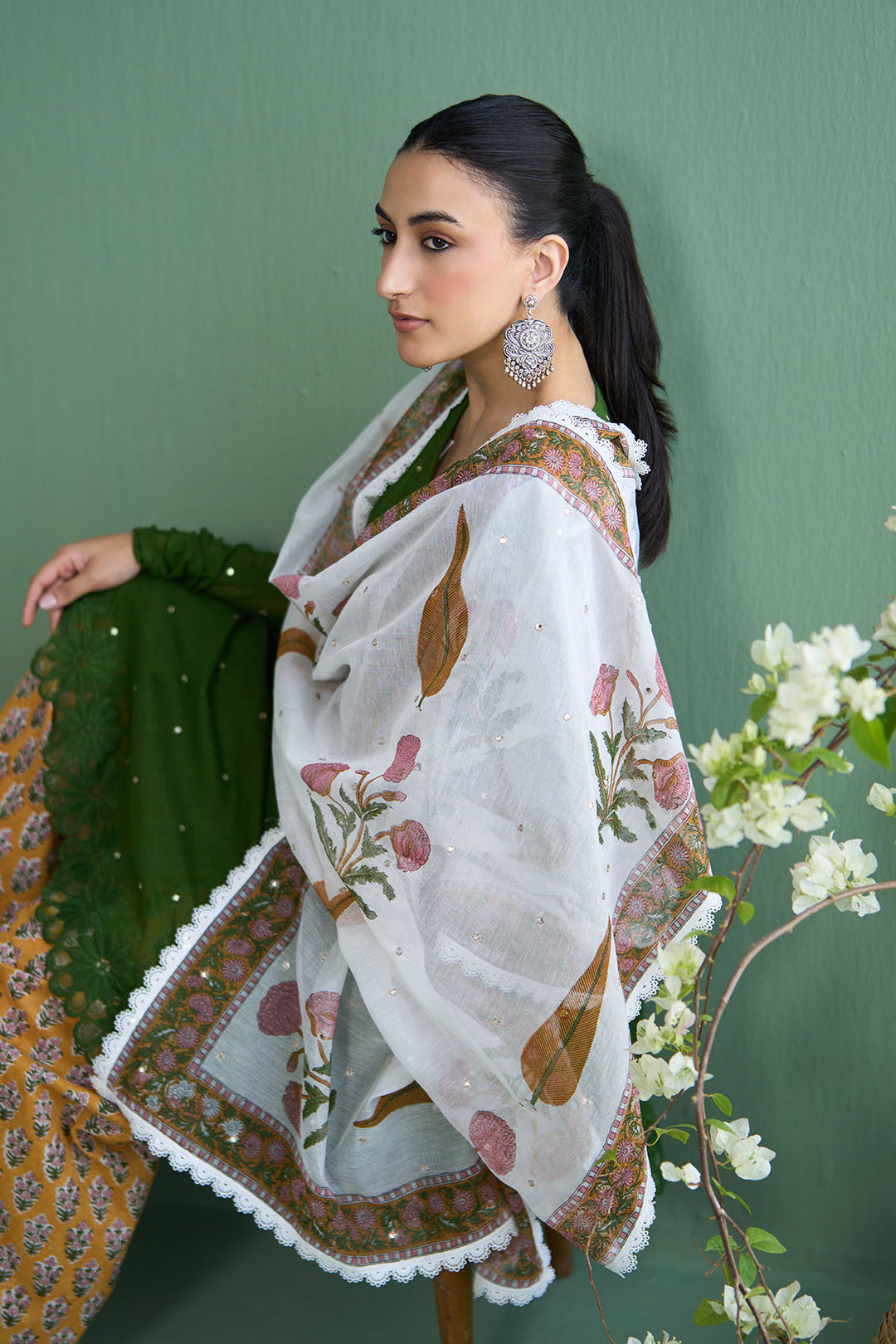 Mughal Summer Olive Green  Short Kurta With Hand Block Printed Salwar And Dupatta Set Of 3