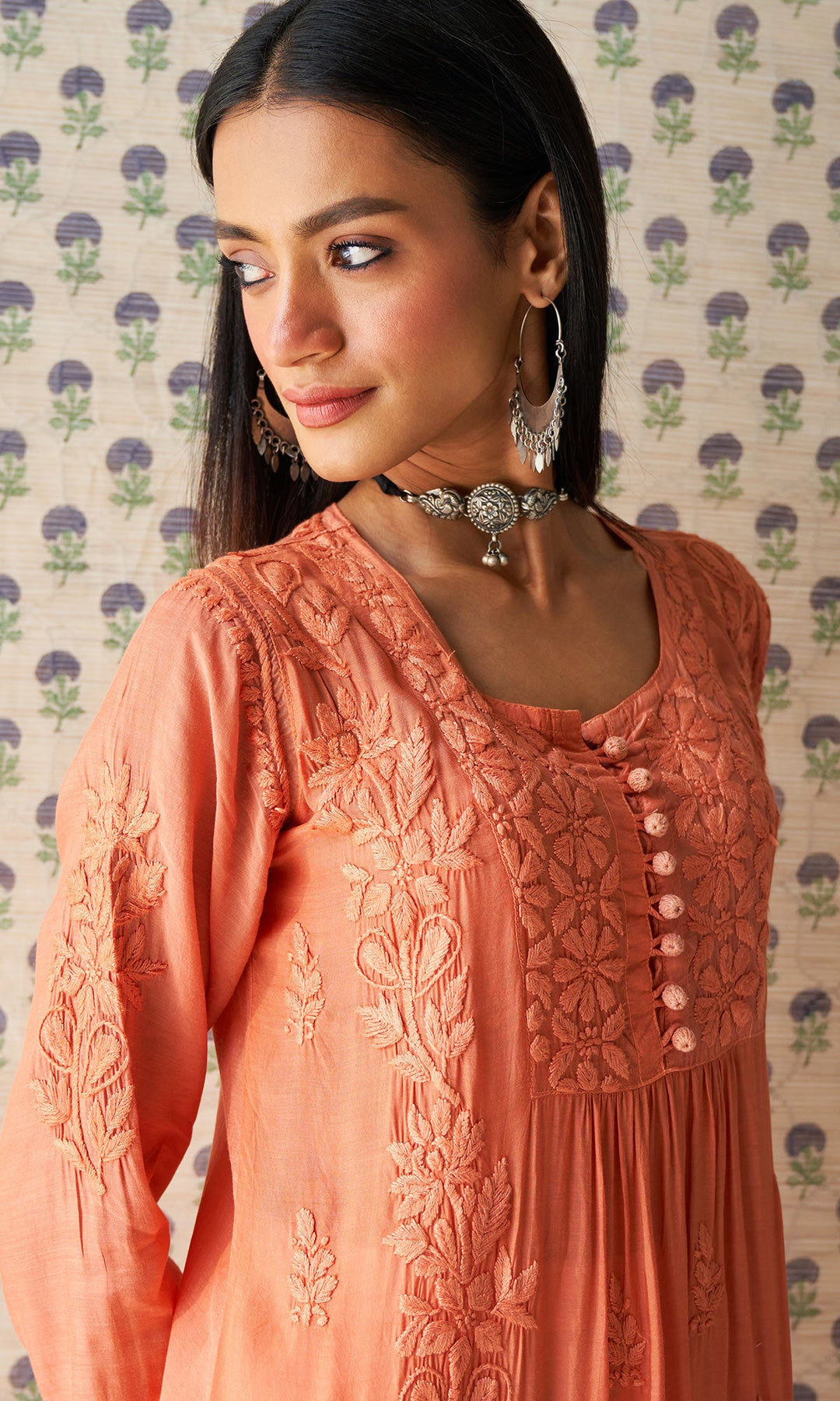 Handcrafted Chikankari Dark Orange Ombre Straight Kurta