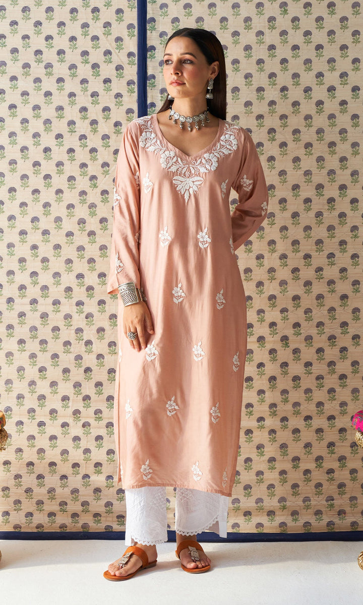 Handcrafted Chikankari Dust Pink Straight Kurta
